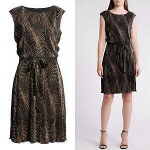 NWOT Connected Apparel Sz 4 Black & Gold Pleated Midi Dress Formal Dinner Office